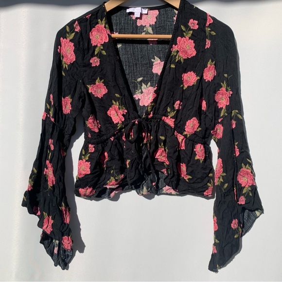 don’t ask why Tops - Don’t Ask Why floral cropped mutton Angel sleeve viscose cottage boho top OS